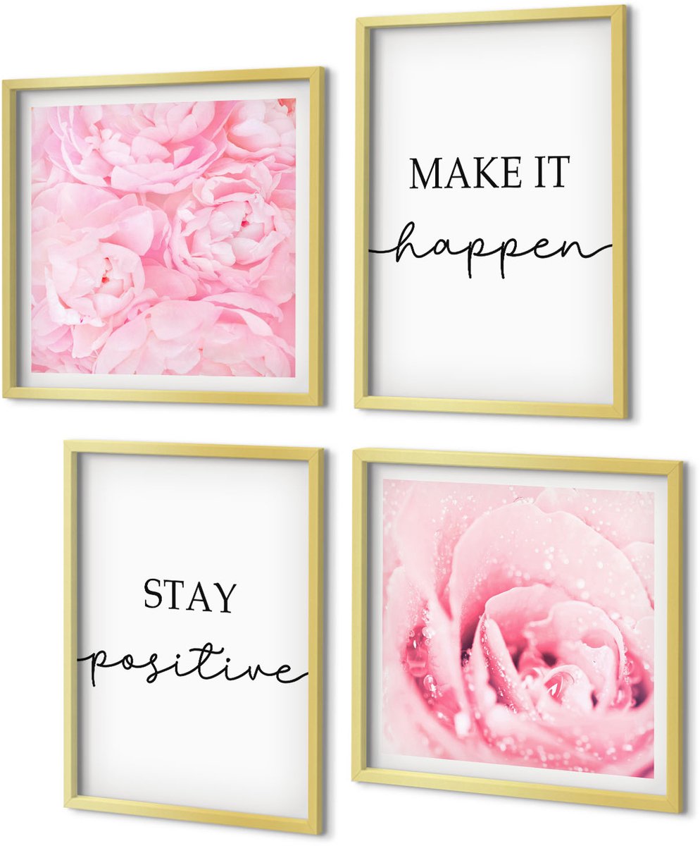 Coloray 4-Delige Schilderij Set - Minimalistische, inspirerende roze bloemenletters - 40 x 40 cm en 40 x 60 cm - Wanddecoratie - Muurdecoratie - Woonkamer - Decoratieve Schilderijen