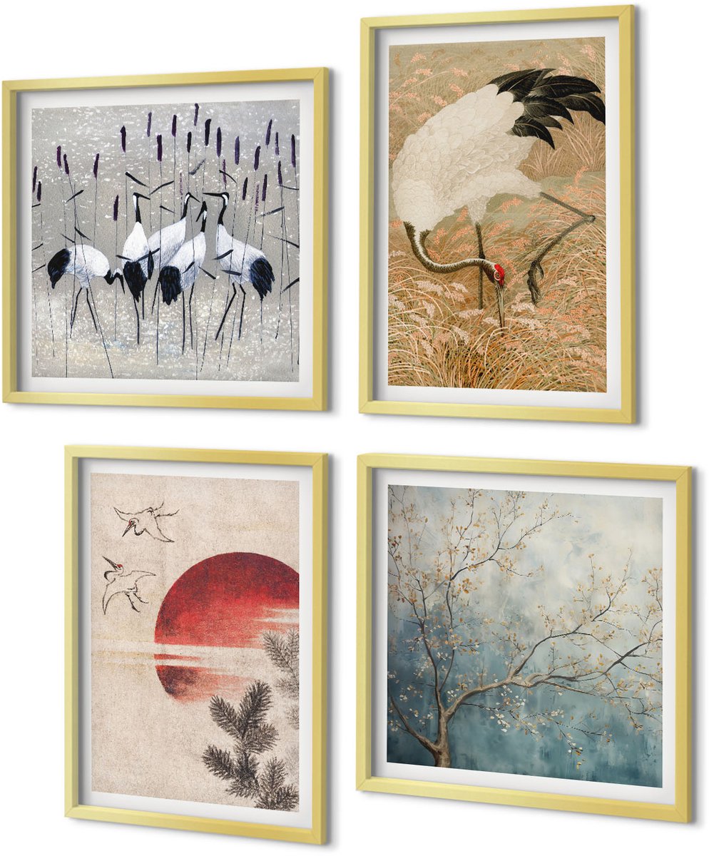 Coloray 4-Delige Schilderij Set - Illustraties van Japanse kraanvogels Japandi Landschap - 40 x 40 cm en 40 x 60 cm - Decoratieve Muurdecoratie - Slaapkamer - Woonkamer Decoratie