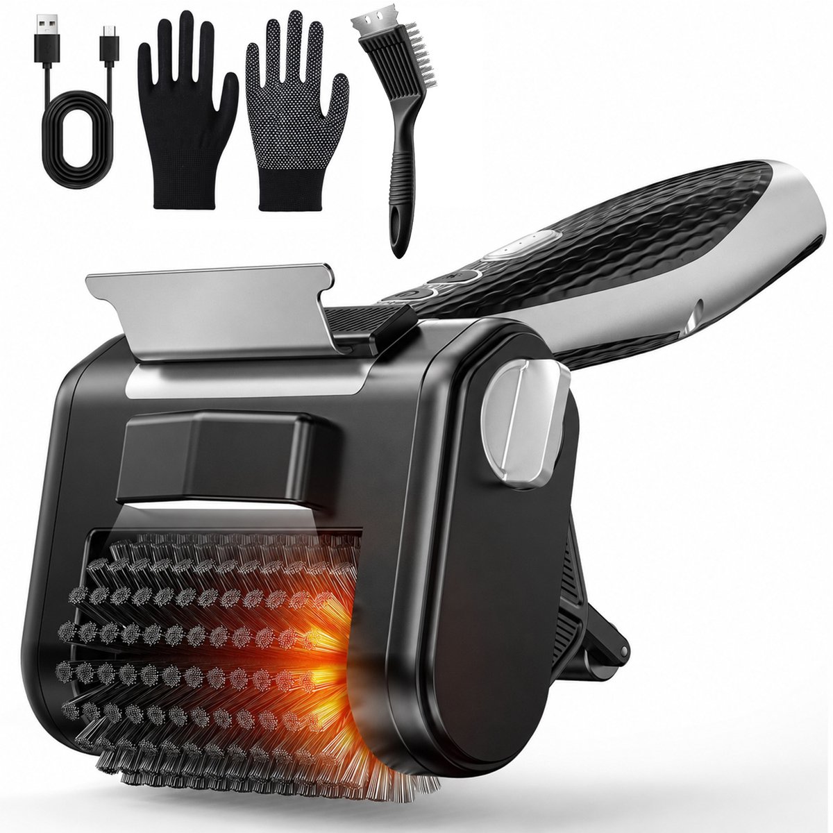MUPOO Elektrische Barbecueborstel – Draadloze Grillreiniger met LED-licht, Roterende Borstelkop van 304 Roestvrij Staal en Geïntegreerde Schraper, Oplaadbare 4.000 mAh-accu, 450 RPM voor Barbecue-, Grill- en Ovenroosters