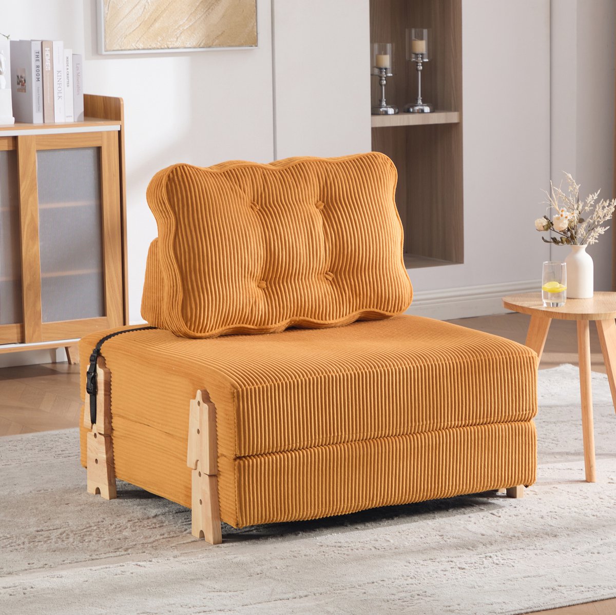 FloraGrace Fauteuil 1-Zits Opklapbare Slaapstoel - Corduroy - Scandinavisch - Met Houten Poten - Voor Woonkamer, Slaapkamer En Logeerkamer - Oranje