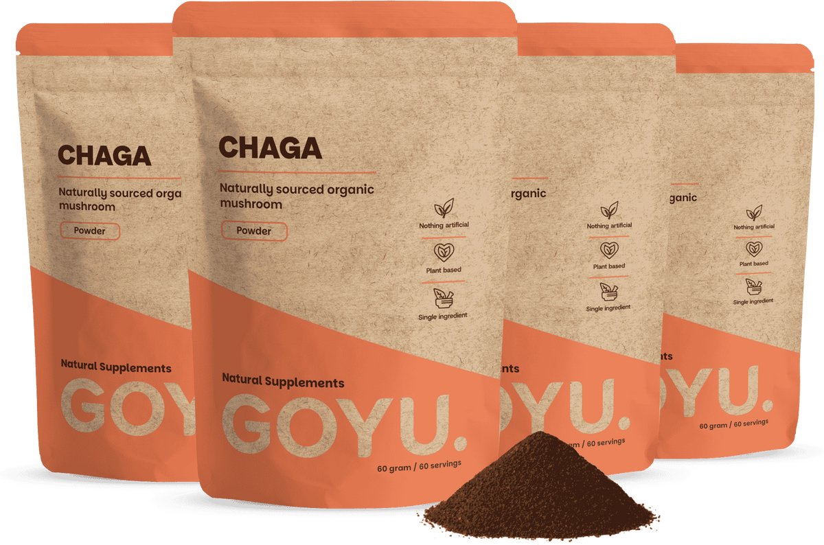 GOYU Chaga Poeder Biologisch Combideal 4x 60 gram - Paddenstoel mushroom -Vegan - Zonder toevoegingen - Lab getest - 30 dagen voorraad per zakje