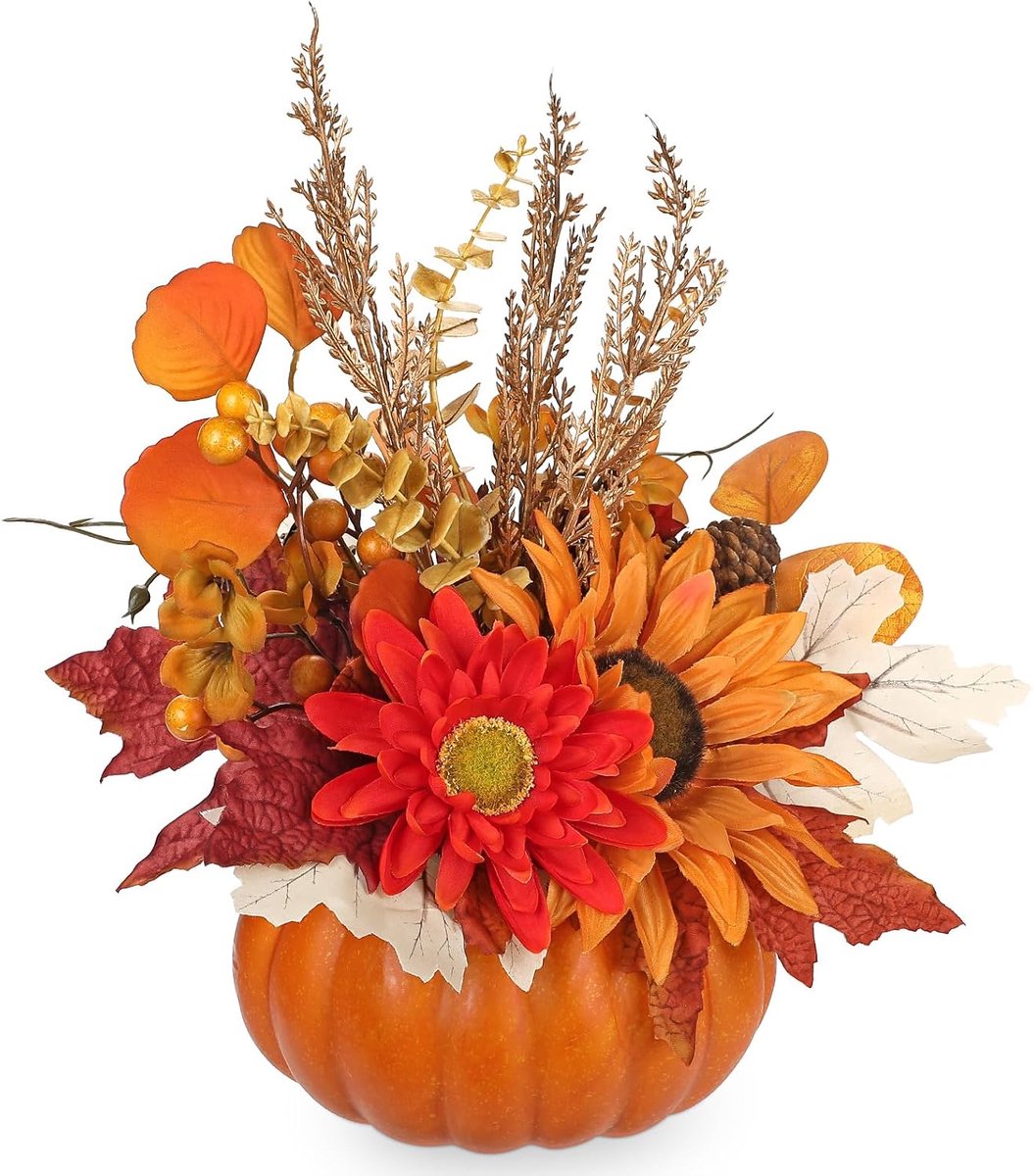Oairse Artificial Pumpkin Flower Arrangement Autumn Table Centerpiece with Sunflowers Dahlia Maple Leaves and Berries - ShopVlot
