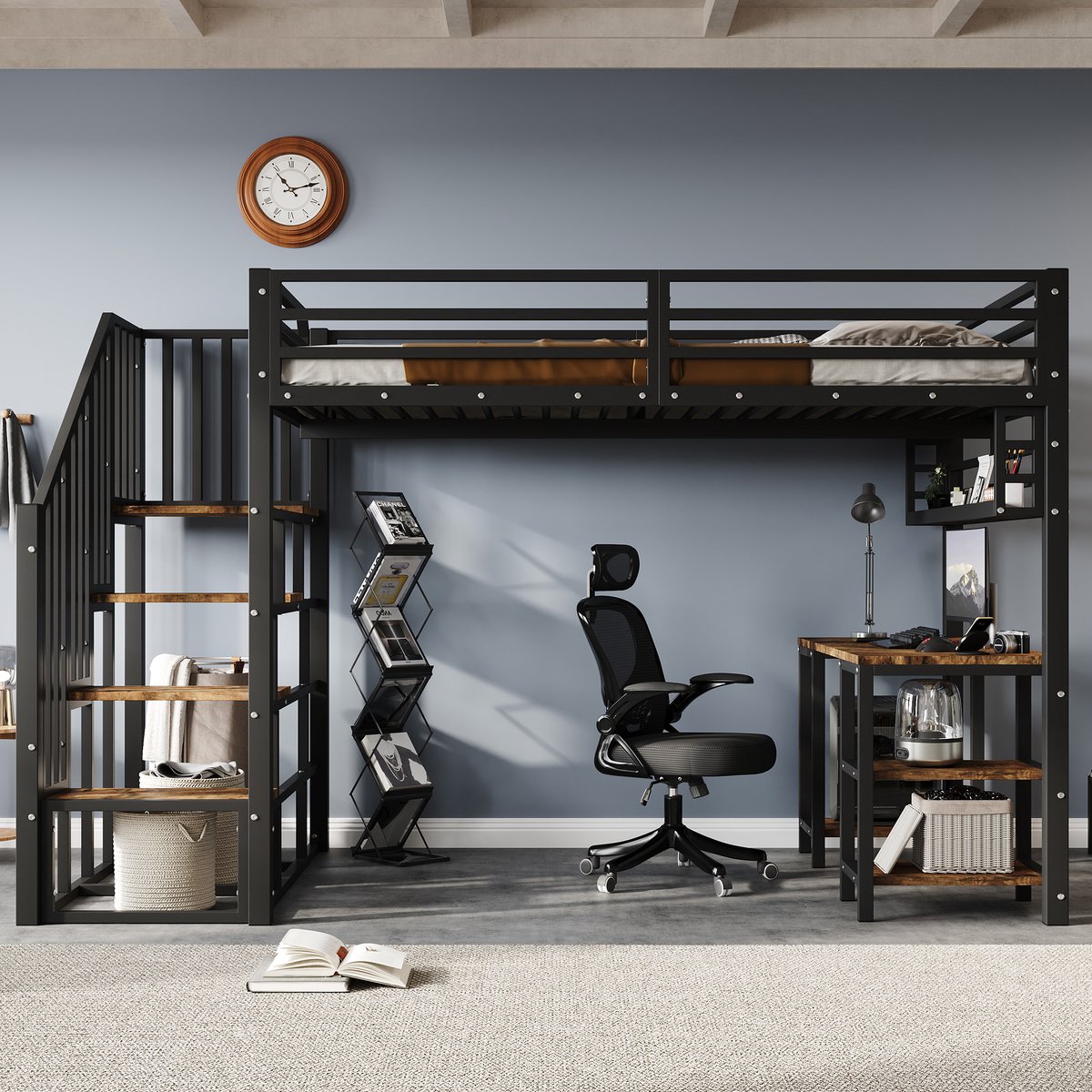 Hoogslaper - 120 x 200 cm - 1-persoons - met bureau - met opbergruimte - met trap - Zwart en Donker walnoot