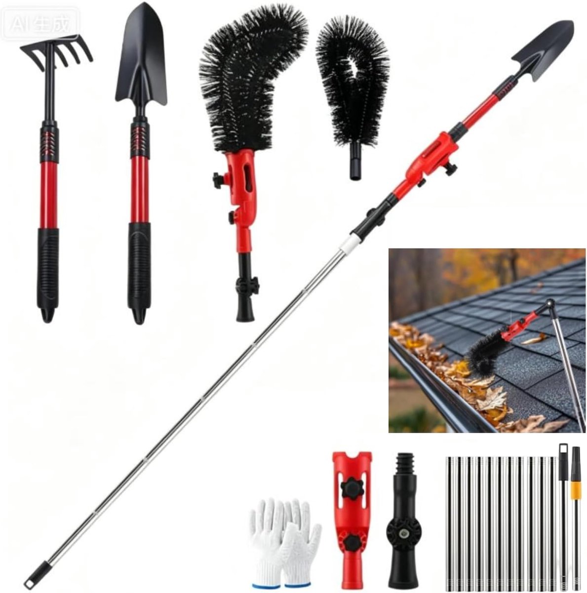 Dakgootreiniger met telescoopsteel 4 m, 2-in-1 regengootreiniger met 180° draaibare kop, hark, schep en - ShopVlot