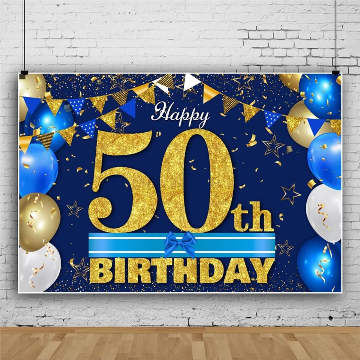 Birthday Background, Blue Gold, 2.2x1.5 m, 50th Birthday, Decorative Banner, Photo Wall, Background, Vinyl Photo Box - ShopVlot