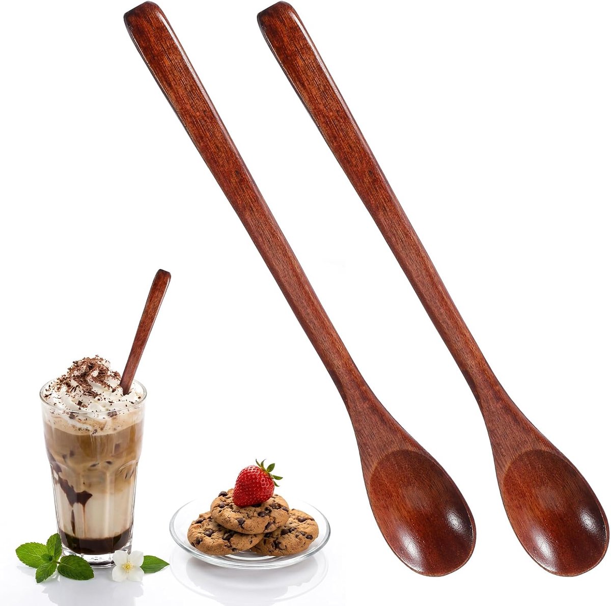 Ouligay 2 stuks houten lepels met lange steel, 20 cm houten lepelset voor - ShopVlot