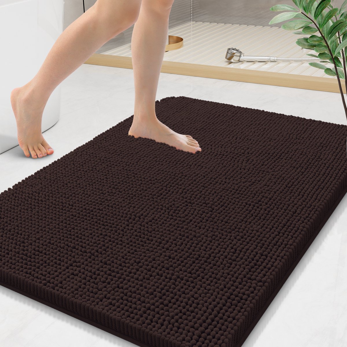 Olanly Badmat Antislip – Chenille Douchemat – Badmat Badkamer – Zuigend Pluche – Bruin – 61X91cm