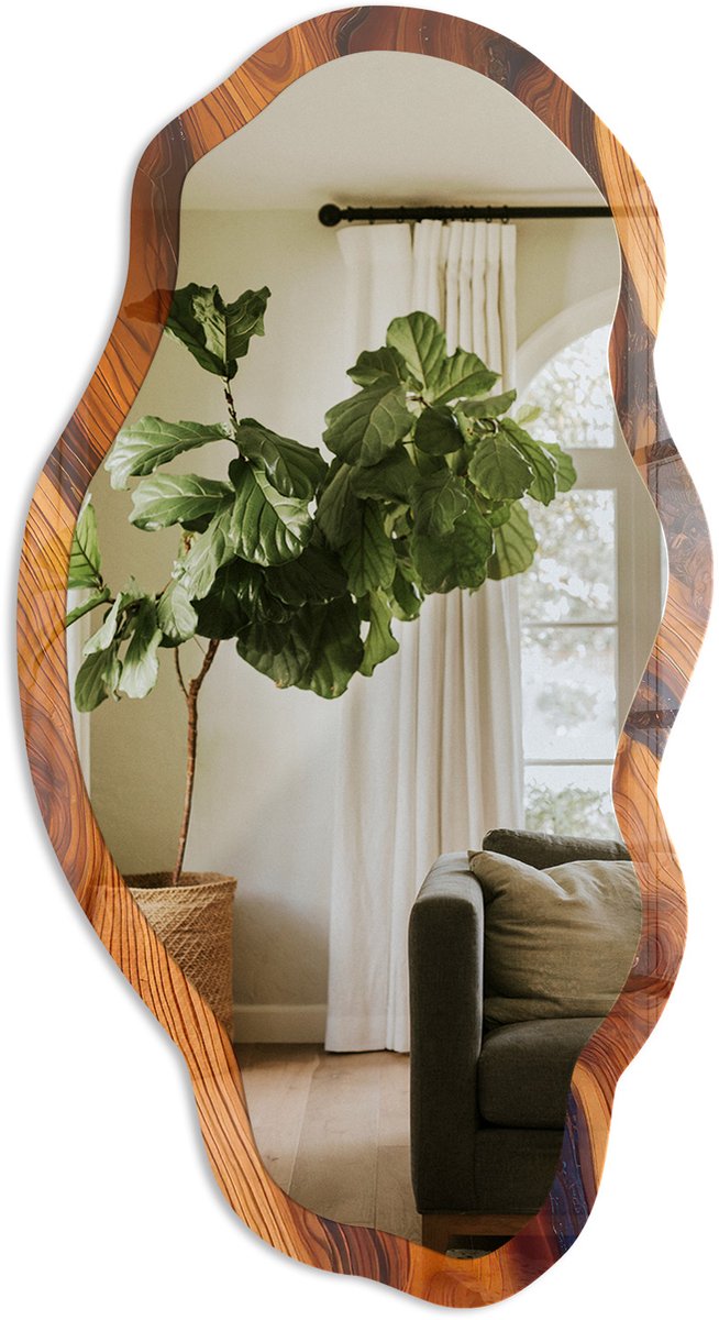 TULUP Houtessentie Spiegel - Bruin Strakke Rechthoekige Spiegel - Organische Spiegel - Woonkamer, Kantoor, Slaapkamer - Rustiek - 45x90 cm - Totale afmeting 52x97 cm Houtessentie, Bruin