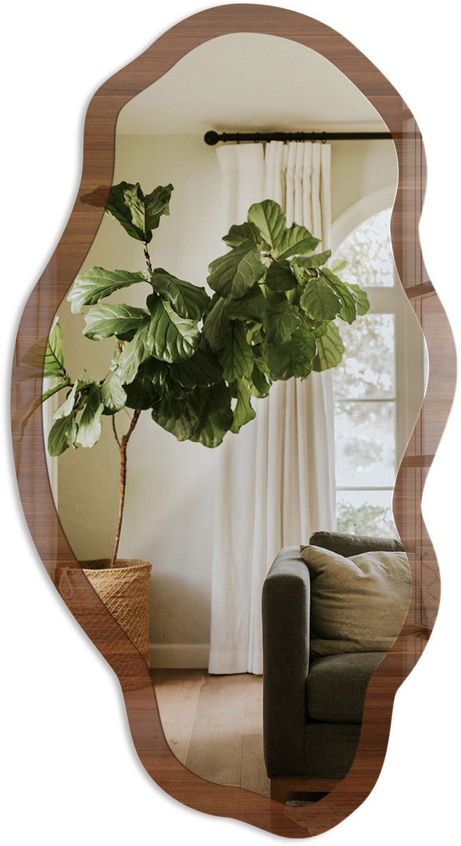 TULUP Bruin Hout Spiegel - Bruin Rechthoekige Spiegel Met Modern Design - Organische Spiegel - Woonkamer - Minimalistisch - 45x90 cm - Totale afmeting 52x97 cm Bruine Houtstructuur, Bruin