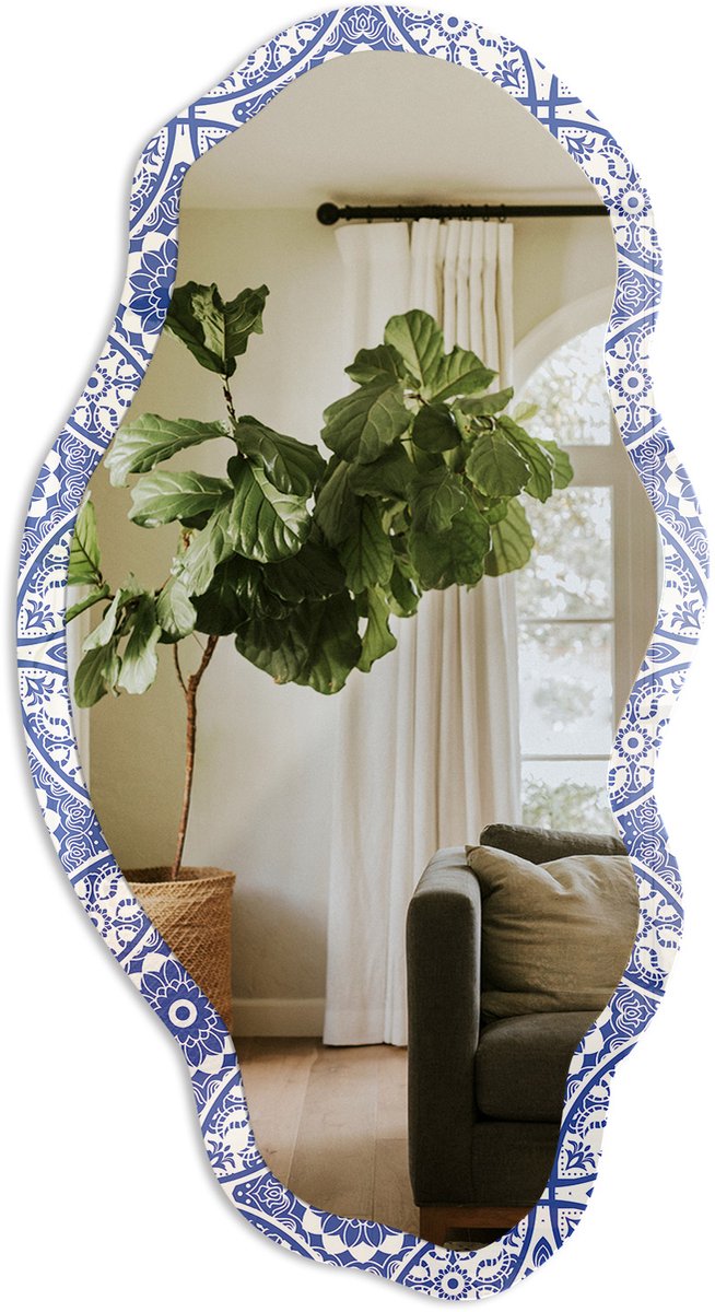 TULUP Blauw Mozaïek Spiegel - Blauw Elegante Rechthoekige Wandspiegel - Organische Spiegel - Woonkamer - Geometrisch - 45x90 cm - Totale afmeting 52x97 cm Blauwe Mozaïekstructuur, Blauw