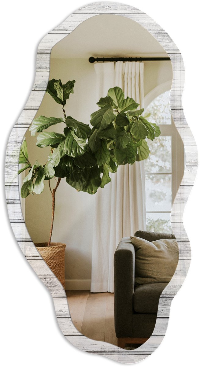TULUP Licht Hout Spiegel - Wit Rechthoekige Spiegel Met Modern Design - Organische Spiegel - Woonkamer - Rustiek - 45x90 cm - Totale afmeting 52x97 cm Licht Hout, Wit