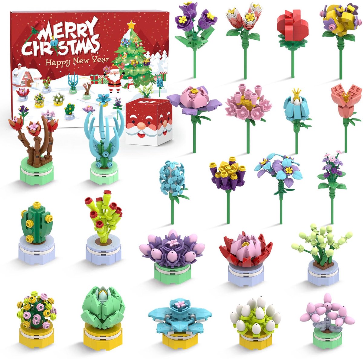 Famanu – Adventskalender voor meisjes, 24-pack met succulenten en boeket bouwstenen, 24 dagen cadeaus voor kinderen