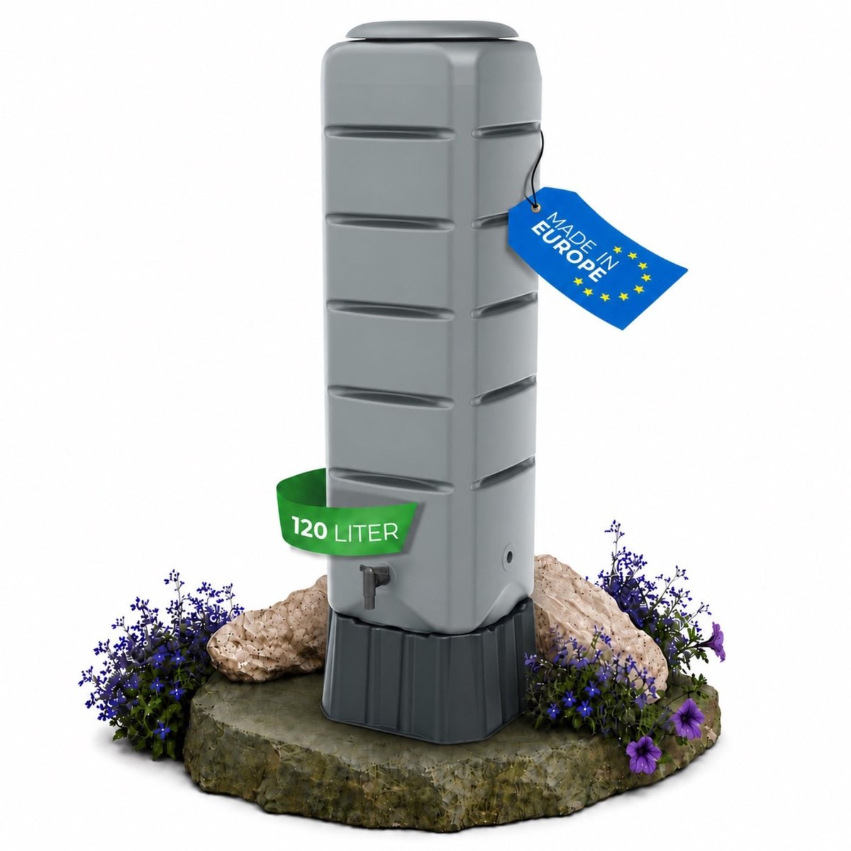 Famanu – Regenton [toren] van 120 l met standaard, deksel en kraan, vorstbestendig kunststof, regenwaterton voor tuin en watertank, grijs