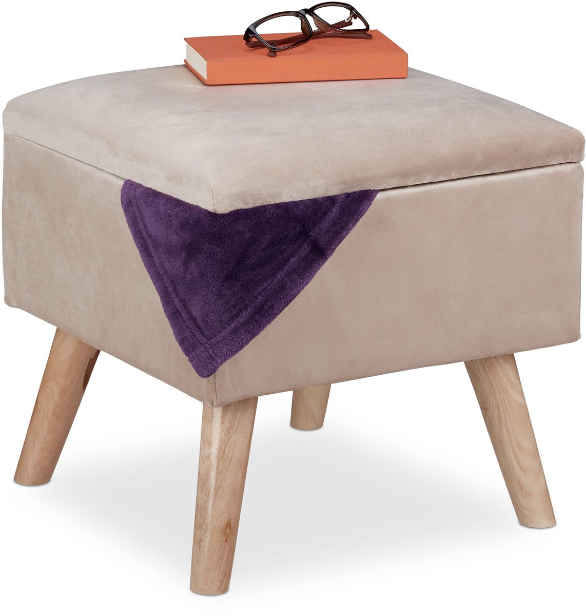 Famanu – Hocker met opbergruimte, vierkant en zacht, met houten poten, poef voor woonkamer, 40 x 40 x 40 cm, crème