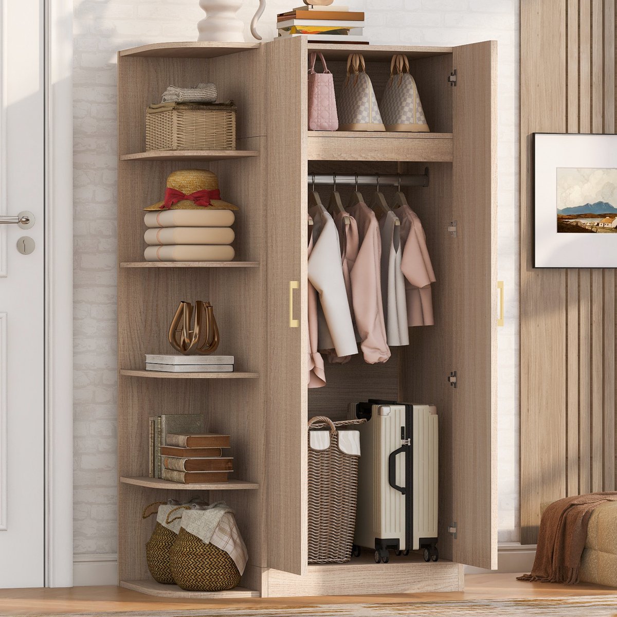 MIVRAY Kledingkast - Dubbele Deuren Met Legplanken En Lades - Ruime Opbergoplossing Voor Slaapkamer En Woonkamer - Houtkleur - 90 X 55 X 170 Cm