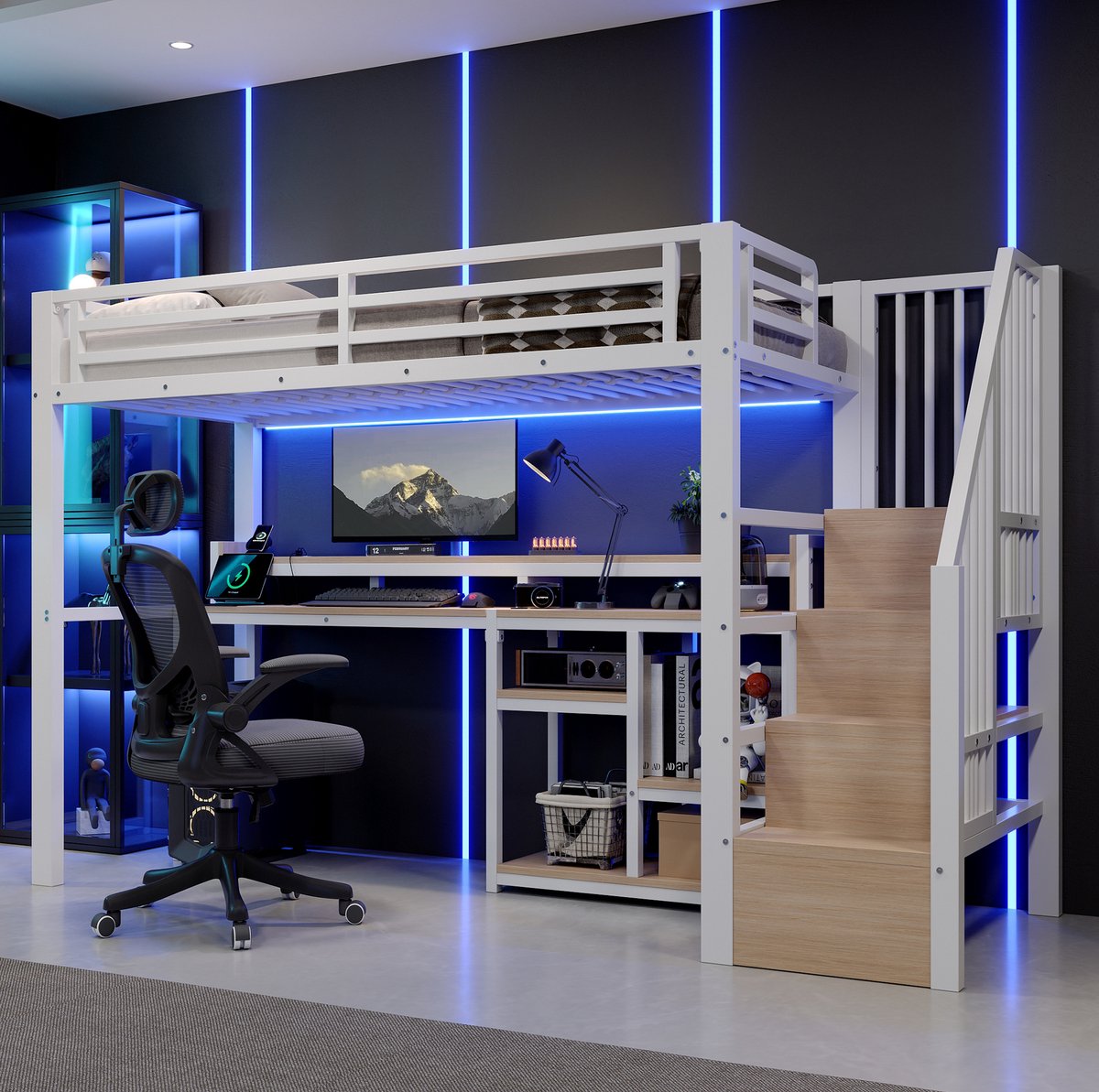 OKWISH Hoogslaper 90 X 200 Cm Zonder Matras - Met Led Verlichting En Usb En Type C - Met Opbergruimte En Ladderkast - Jeugdkamer - Metaal En MDF - Wit