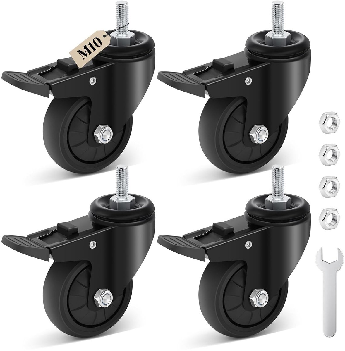 Zwenkwielen met Rem - Zwart - M10 x 1,5 x 25 mm - TPR Wielen voor Meubels - Voor Werkbanken en Barbecues