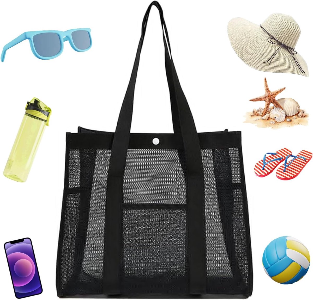 Large Foldable Beach Bag with Multiple Pockets, Ideal for Family, Beach, Pool, Travel, Gym and Daily Wear, Black - ShopVlot