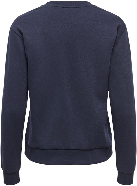 Achterkant van een effen donkerblauwe sweater.