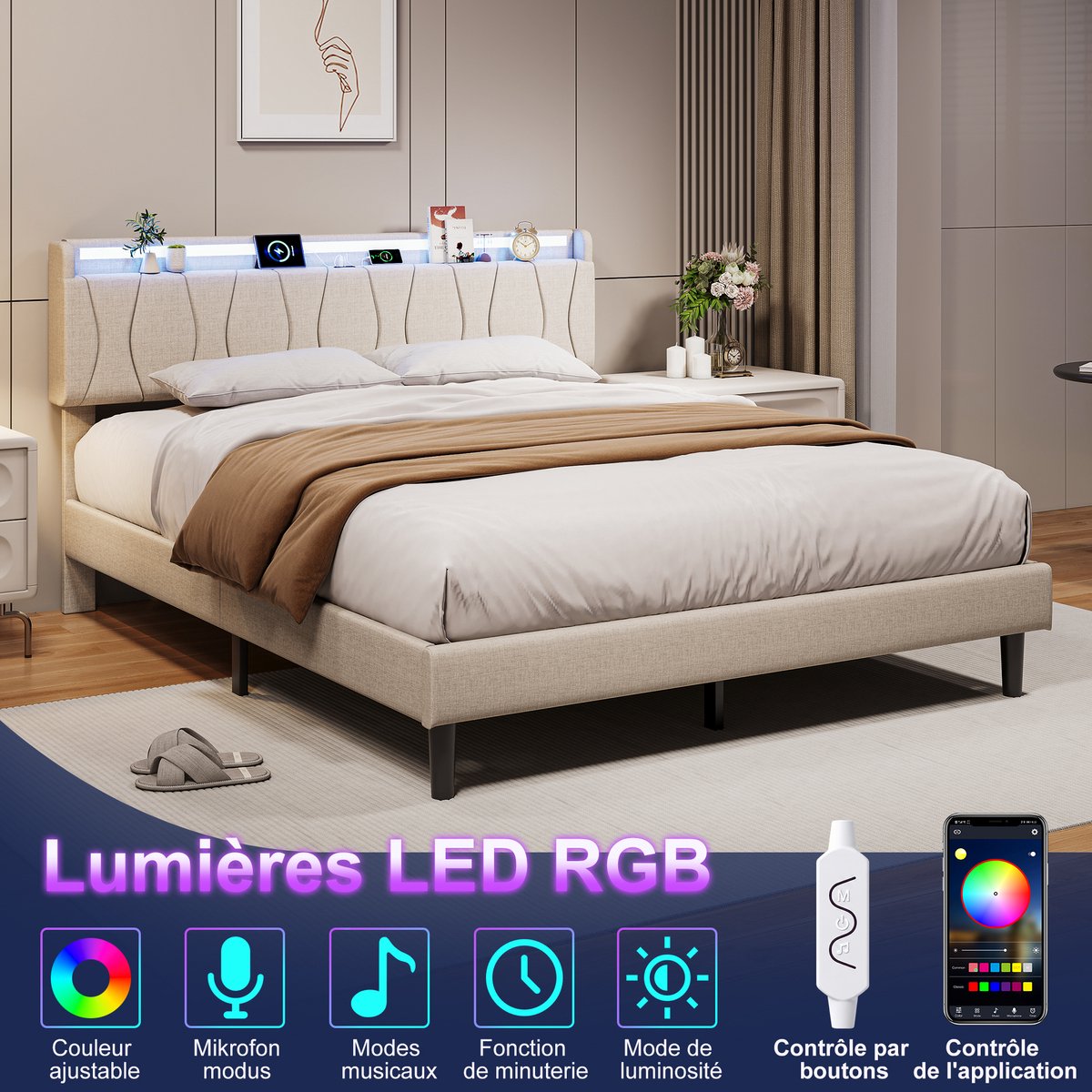 Gestoffeerd Tweepersoonsbed 160x200 cm-Bed met LED Verlichting-Oplaadstation met USB en USB-C-Opbergvak in Hoofdbord-Linnen-Beige