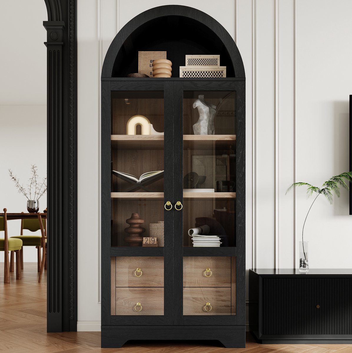 MIVRAY Hoogkast Met Verstelbare Legplanken En Lades Met Transparant Glas Voor Keuken En Eetkamer Zwart MDF 76,2 X 40,1 X 180 Cm