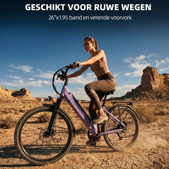 Bekup V1 Elektrische Fiets - 26" Banden - 250W Motor - 36V14.5AH Accu -Actieradius Tot 75 Km - Shimano 7 Versnellingen - Mechanische Schijfremmen - Paars — afbeelding 4