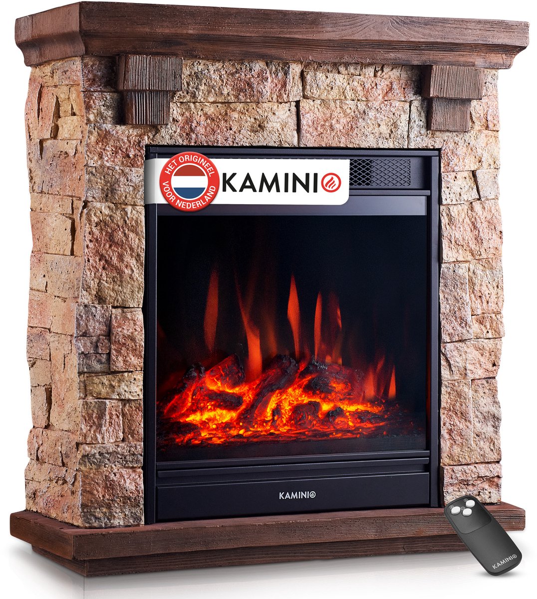 KAMINIO® Juan elektrische haard beige met verwarming [Vrijstaande haard met steenlook] - Elektrische haard, 3D-vuureffect in 5 standen, LED-sfeerverlichting, afstandsbediening