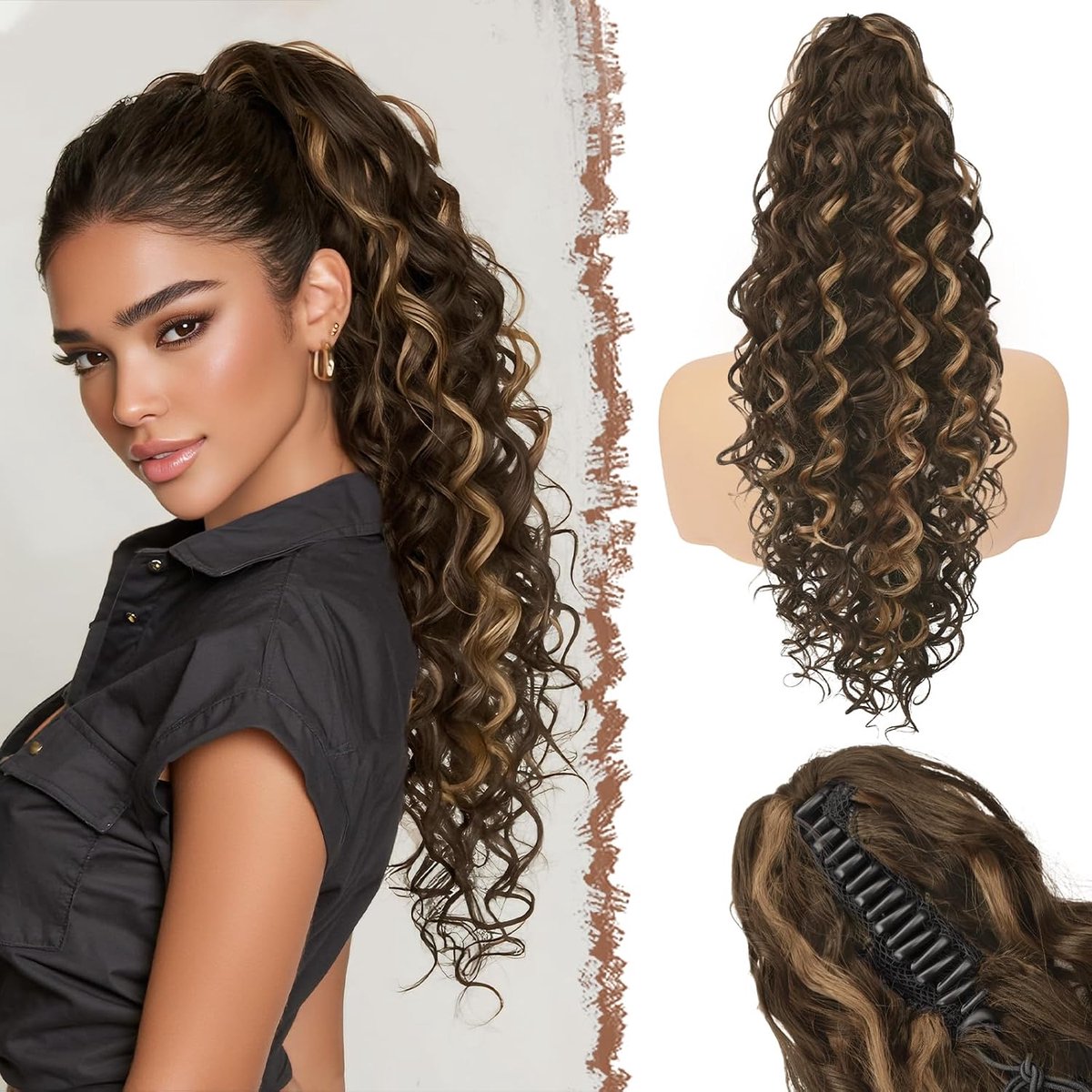 FESHFEN Long Curly Ponytail Extension - Brown Ponytails with Klamma Natural Synthetic Hairpieces Wavy Ponytail Hair - ShopVlot