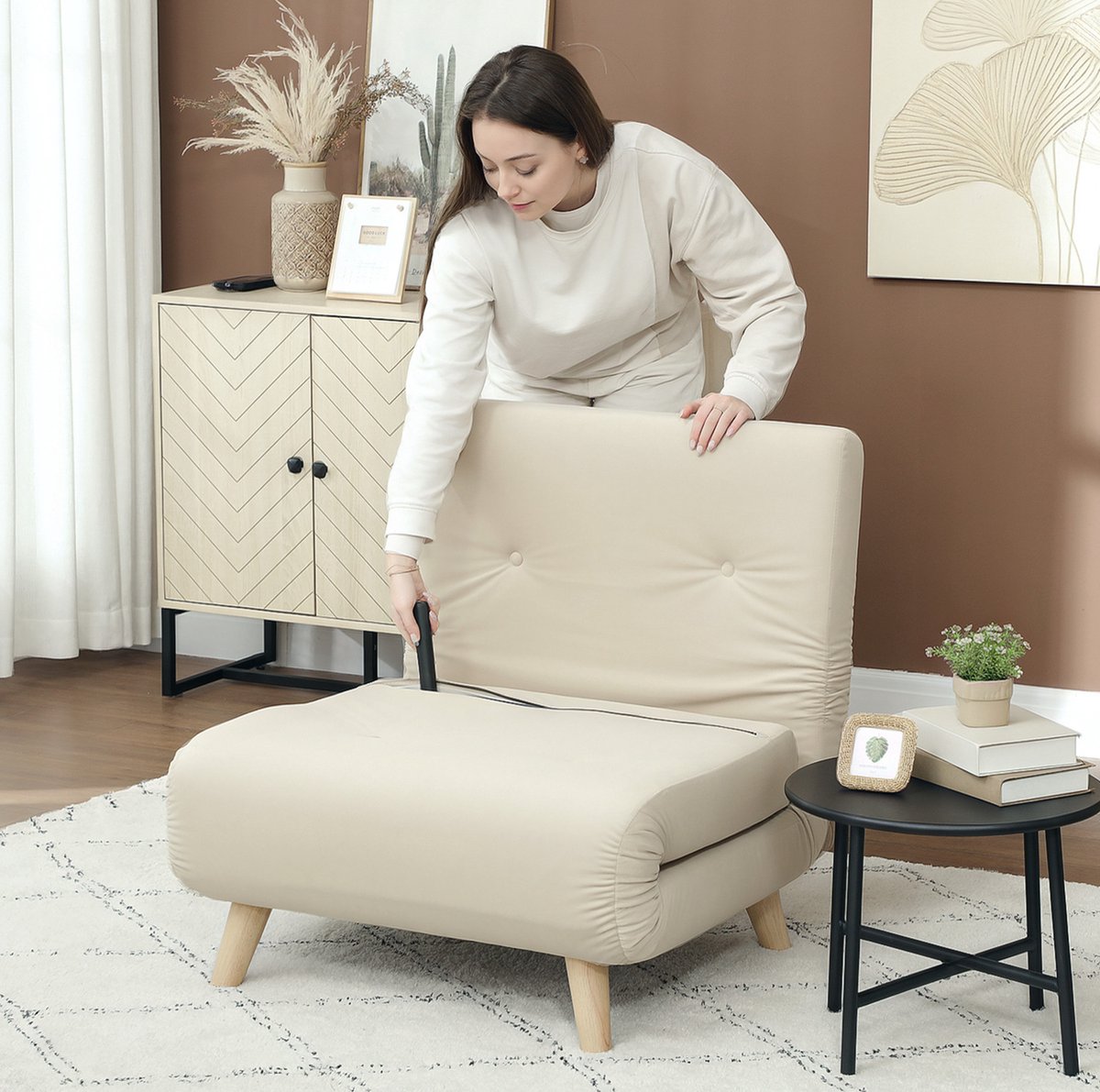 DESMIU Fauteuil - Klap Fauteuil Met Bedfunctie - 6-Voudig Verstelbare Rugleuning - Voor Woonkamer En Logeerkamer - Fluweel - Beige