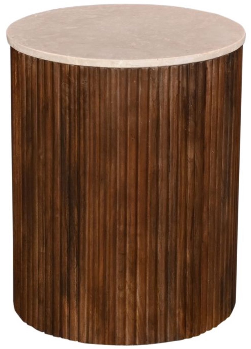 Giga Meubel Bijzettafel Davi Rond - Marmer/Hout - Donkerbruin - 45x45x55cm