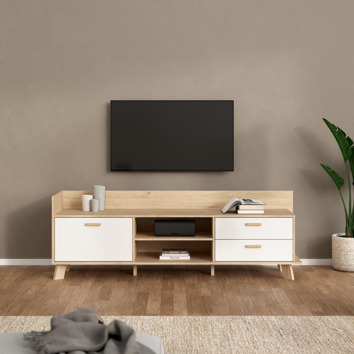 Tv-meubel Ikast met 2 deuren + 1 lade Hickory/Wit - Giga Living