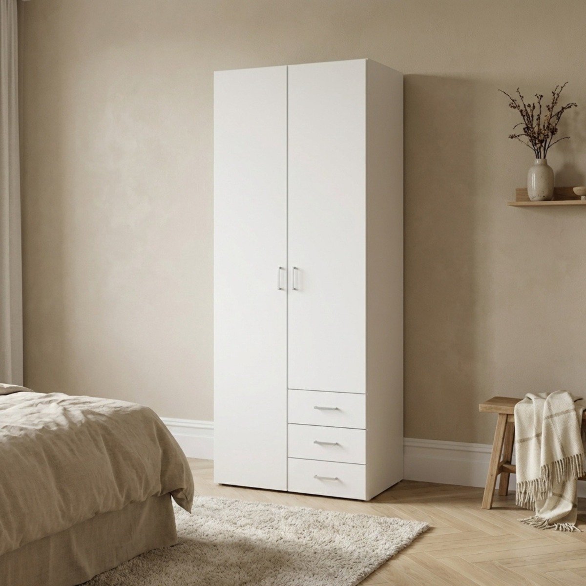 Kledingkast Slaapkamer Wit - 2-deurs met 3 lades - MDF - 77,6x50x175cm