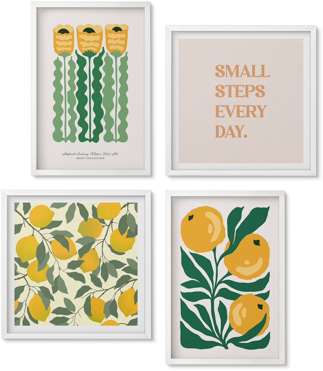 Wallfluent 4-Delige Schilderij Set - Plantenpatronen Met Bloemen En Bladeren (Posters) - 40 x 40 En 40 x 60 - Decoratieve Muurdecoratie - Slaapkamer - Woonkamer Decoratie