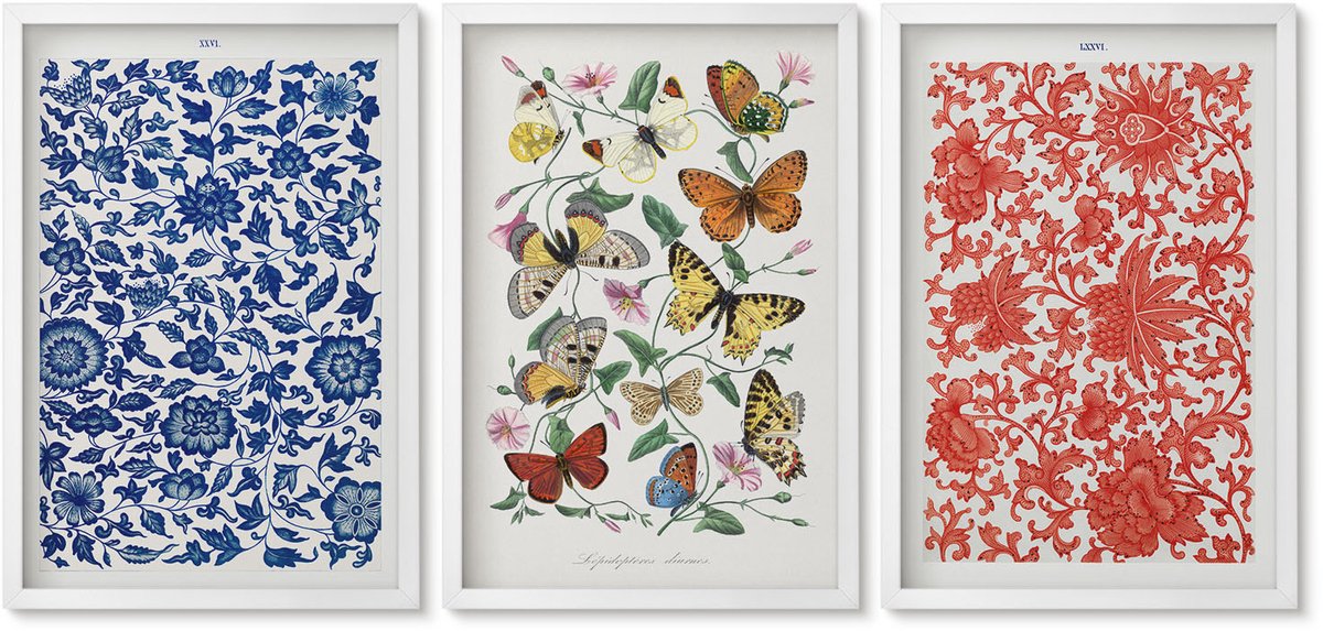 Wallfluent 3-Delige Schilderij Set - Vintage Posters Met Bloemen, Vlinders En Ornamenten - 40 x 60 - Stijlvolle Muurdecoratie - Kantoor - Wanddecoratie