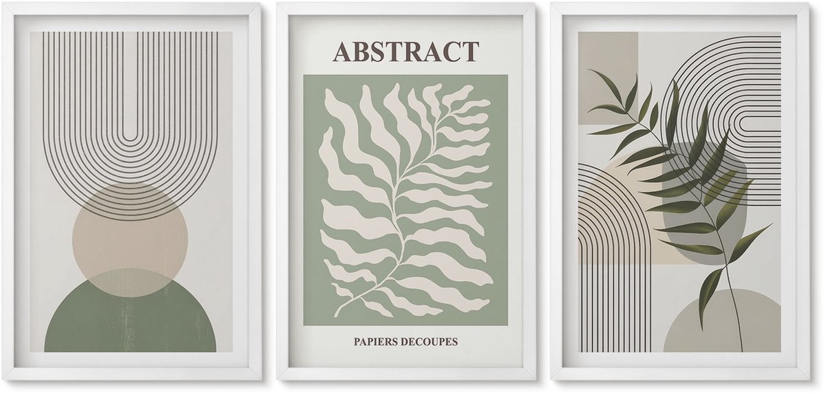 Wallfluent 3-Delige Schilderij Set - Botanische Abstracte Vormen In Boho-Rustieke Stijl - 40 x 60 - Muurdecoratie - Wanddecoratie - Hal - Interieur Decoratie