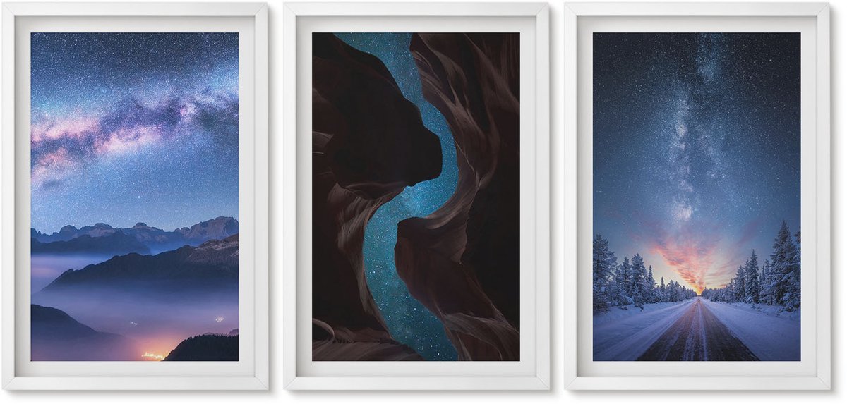 Wallfluent 3-Delige Schilderij Set - Nachtelijke Hemel, Bergen, Kloof En Winterlandschap - 40 x 60 - Wanddecoratie - Woonkamer Decoratie - Decoratieve Schilderijen