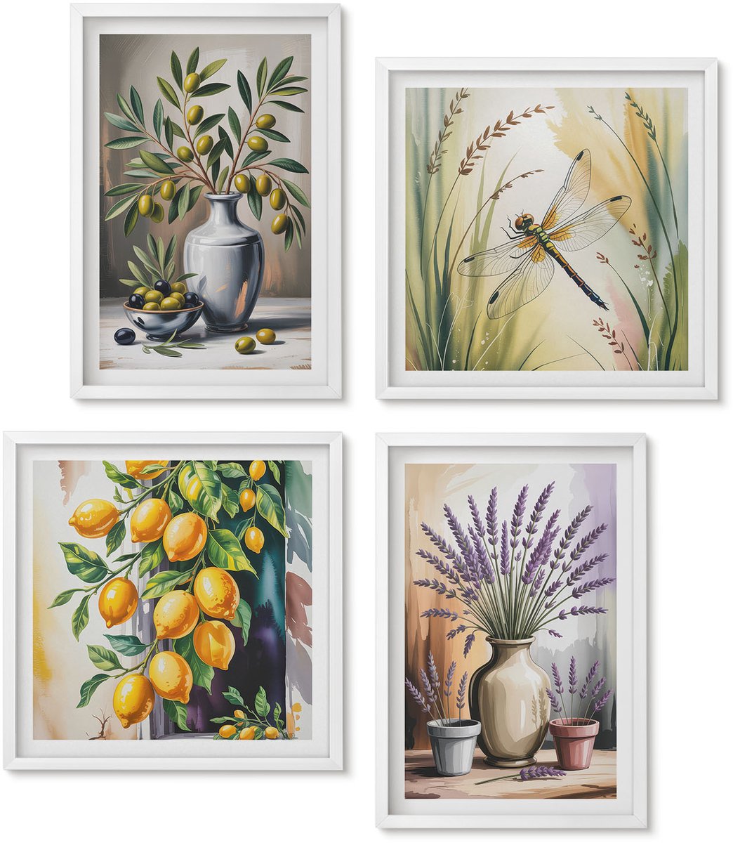 Wallfluent 4-Delige Schilderij Set - Bloemen En Olijven In Vazen ​​Citroenen Natuur - 40 x 40 En 40 x 60 - Wanddecoratie - Woonkamer Decoratie