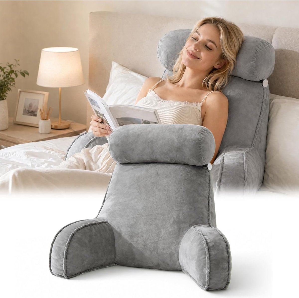 ZRNS® Rugkussen voor in Bed - Leeskussen Onderrug - Bookseat - Grijs