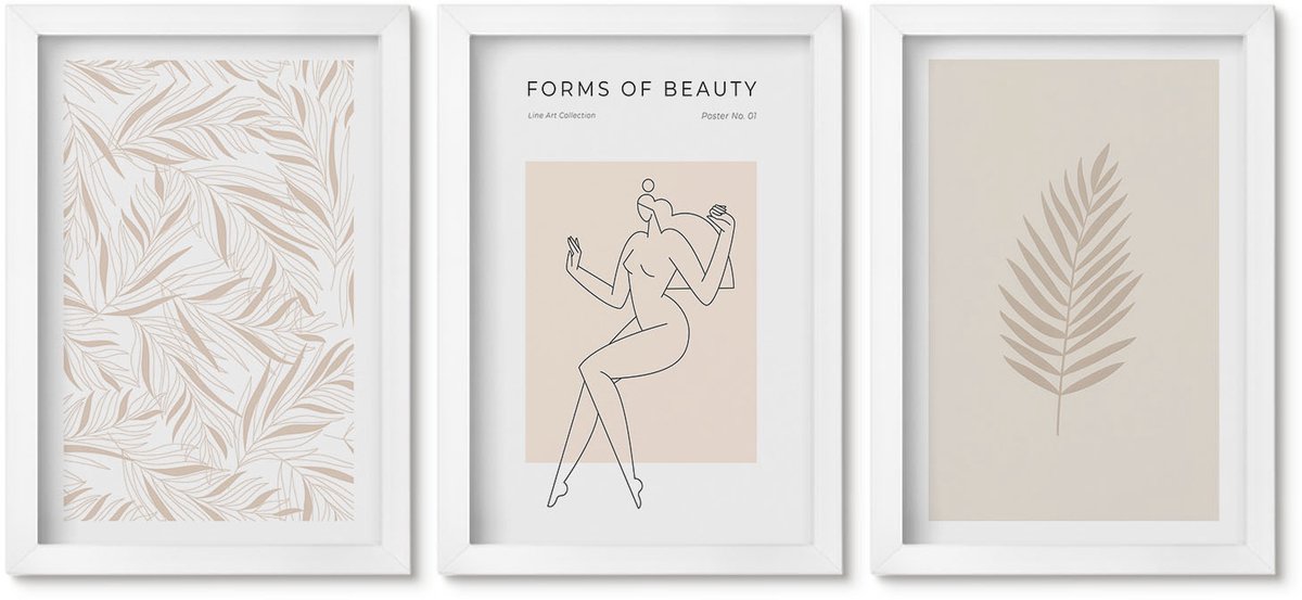 Wallfluent 3-Delige Schilderij Set - Minimalistische Stijl Met Botanische Motieven - 20 x 30 - Muurdecoratie - Wanddecoratie - Slaapkamer