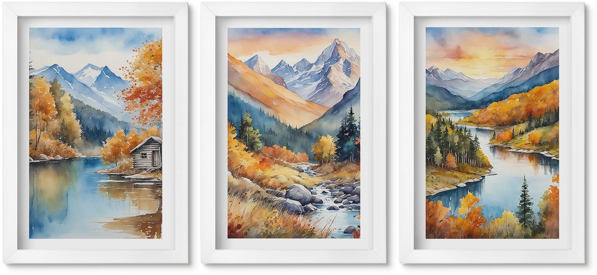 Wallfluent 3-Delige Schilderij Set - Berglandschap Met Een Rivier En Herfstbomen - 20 x 30 - Moderne Wanddecoratie - Woonkamer - Woonkamer Decoratie