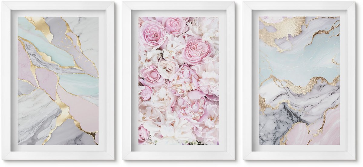 Wallfluent 3-Delige Schilderij Set - Roze Bloemen Met Marmer- En Pastelpatronen - 20 x 30 - Muurdecoratie - Schilderijen Set - Woonkamer - Woonkamer Decoratie
