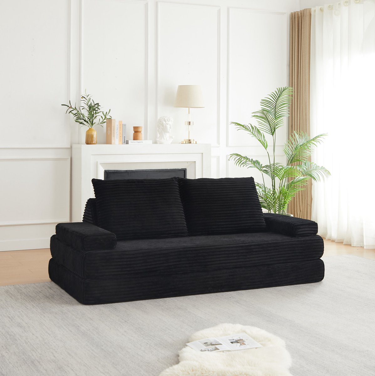 OKWISH Slaapbank 2-Zits 211 cm – Modulair Met Verstelbare Armleuningen En Driehoekige Rugkussens – Voor Woonkamer Of Logeerkamer – Ribstof – Zwart