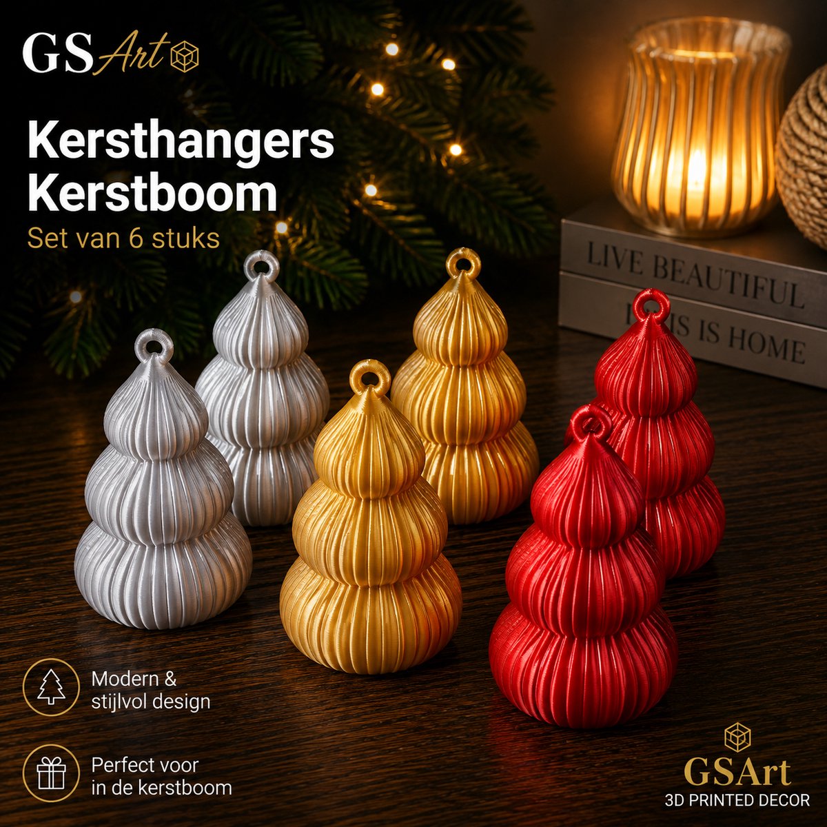 GSArt Japandi Kersthangers Kerstboom 02 – Set van 6 stuks – 9 cm