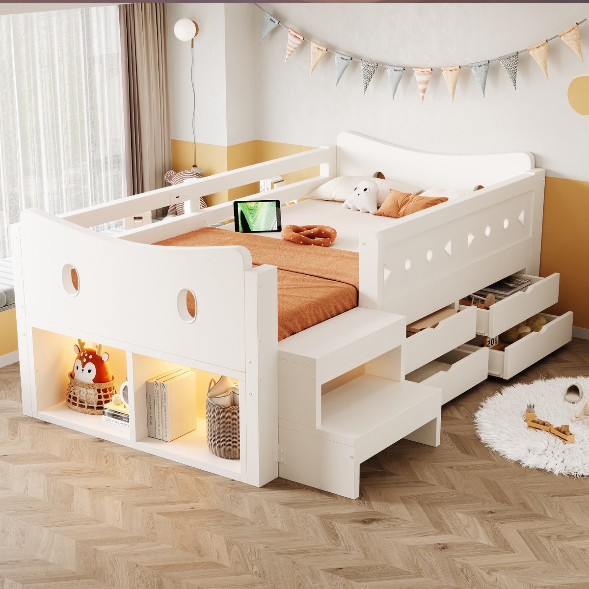 FloraGrace Kinderbed 90x200 cm - Kinderbed Met Opbergruimte En 4 Lades - USB En Type-C Oplaadpunten - Met Veiligheidsrek - Wit - Zonder matras