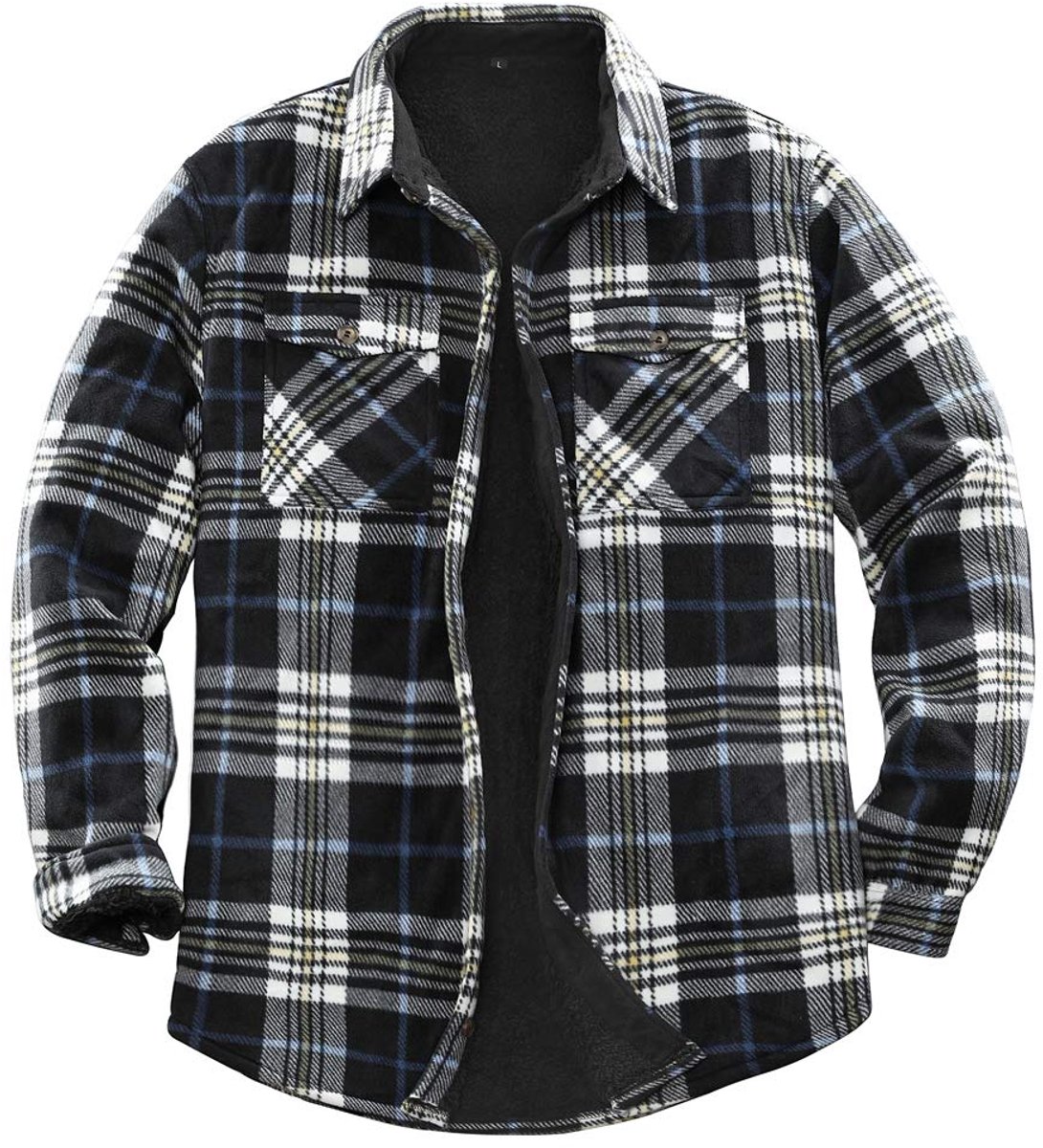 Famanu – Heren warme Sherpa gevoerde fleece geruite flanellen overhemd jas ideaal voor koude dagen Zwart