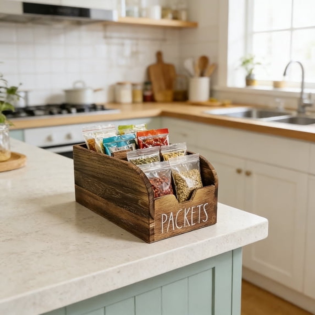 Ulisem - Opbergdoos - Houten Keuken Organizer Met 4 Vakken Voor Kruiden, Theezakjes En Suikerzakjes, Tafelblad Opbergrek, Bruin, Natuurlijke Houttextuur, Stevig En Duurzaam, Geschikt Voor Keuken, Woonkamer En Slaapkamer, Eenvoudig Te Onderhouden