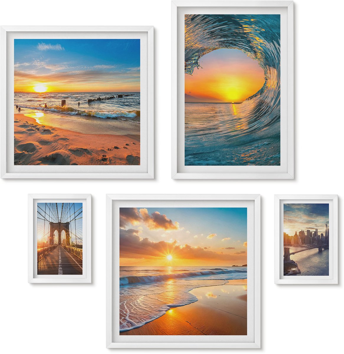 Wallfluent 5-Delige Schilderij Set - Uitzicht Op Zee, Zonsondergangen En Stadsbruggen - 50 x 50 cm, 20 x 30 cm En 40 x 60 cm - Stijlvolle Muurdecoratie - Kantoor