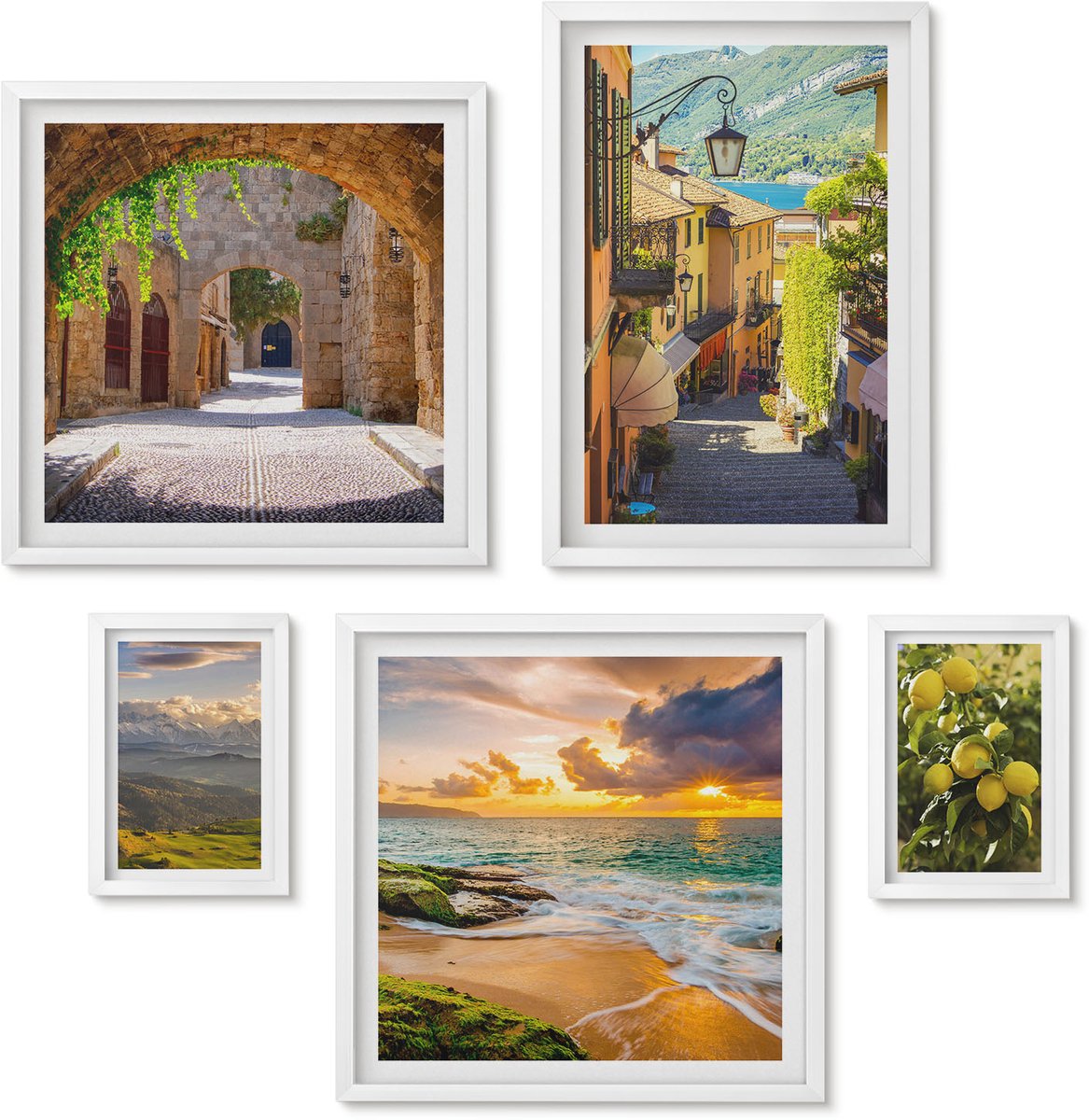 Wallfluent 5-Delige Schilderij Set - Charmante Straatjes En Pittoreske Natuurlandschappen - 50 x 50 cm, 20 x 30 cm En 40 x 60 cm - Wanddecoratie - Schilderijen Set - Interieur - Interieur Decoratie