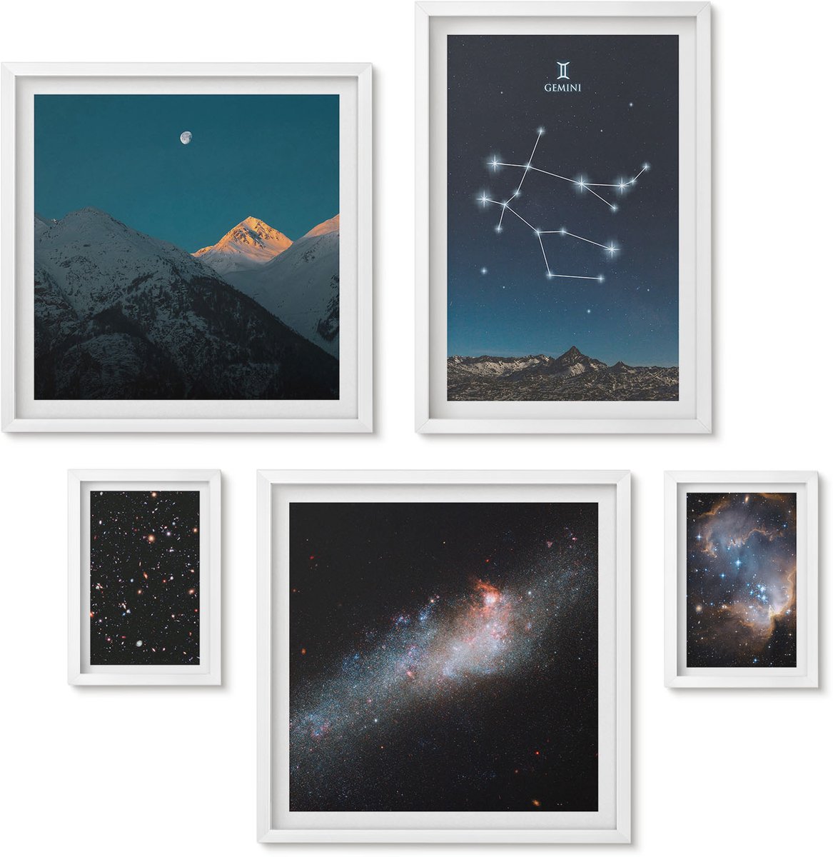 Wallfluent 5-Delige Schilderij Set - Ruimtelandschappen Met Sterrenbeelden En Melkwegen - 50 x 50 cm, 20 x 30 cm En 40 x 60 cm - Schilderijen Set - Wanddecoratie - Woonkamer