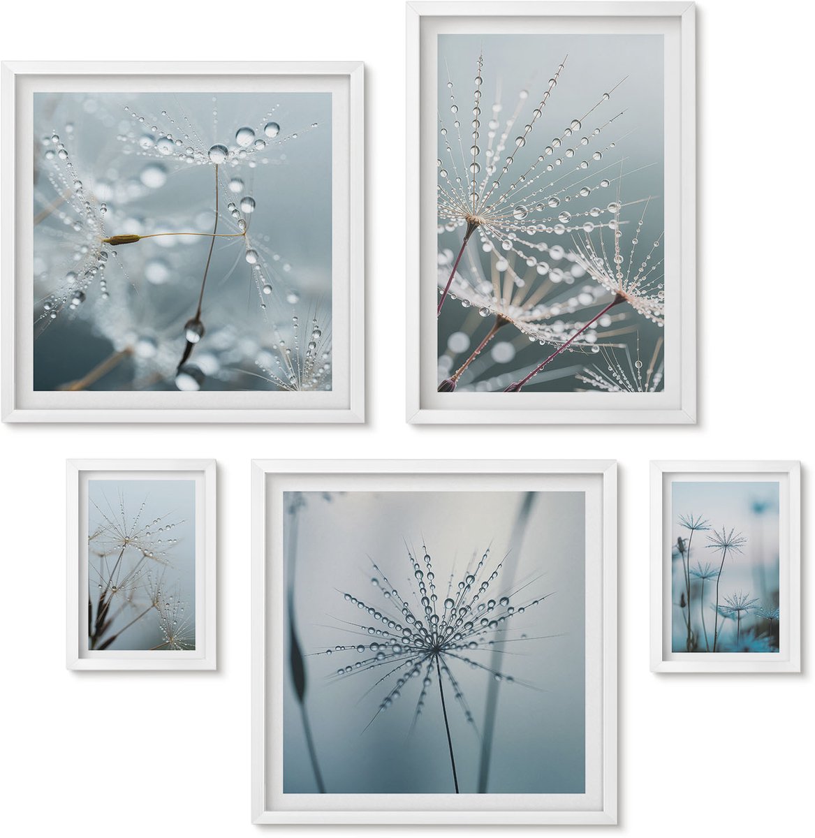 Wallfluent 5-Delige Schilderij Set - Waterdruppels Op Planten In Een Minimalistische Stijl - 50 x 50 cm, 20 x 30 cm En 40 x 60 cm - Stijlvolle Wanddecoratie - Interieur - Interieur Decoratie
